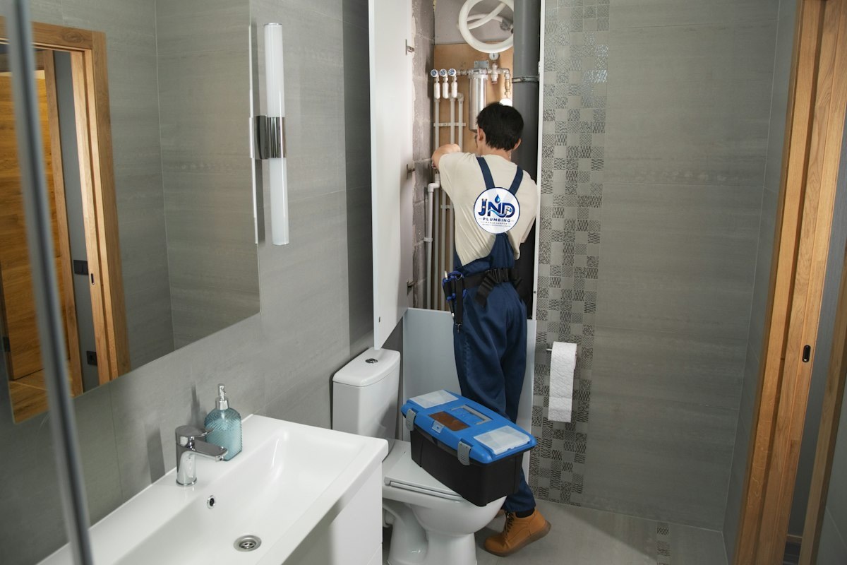 Plumber in overalls repairing concealed pipework in a bathroom